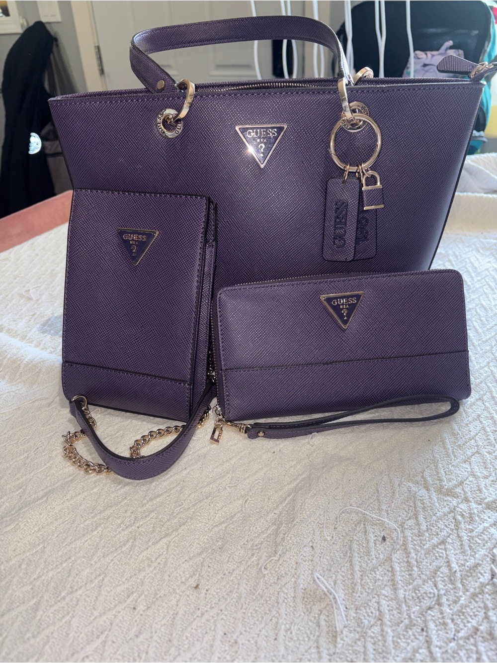 GUESS Purple Saffiano Tote Set with Wallet & Crossbody